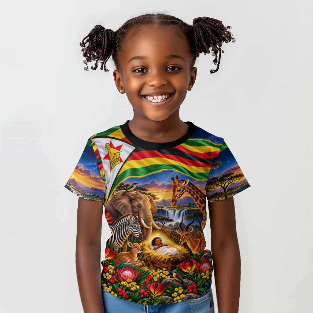 Zimbabwe Christmas Holy Family Kid T shirt African Safari Wildlife Savanna Sunset Baby Jesus