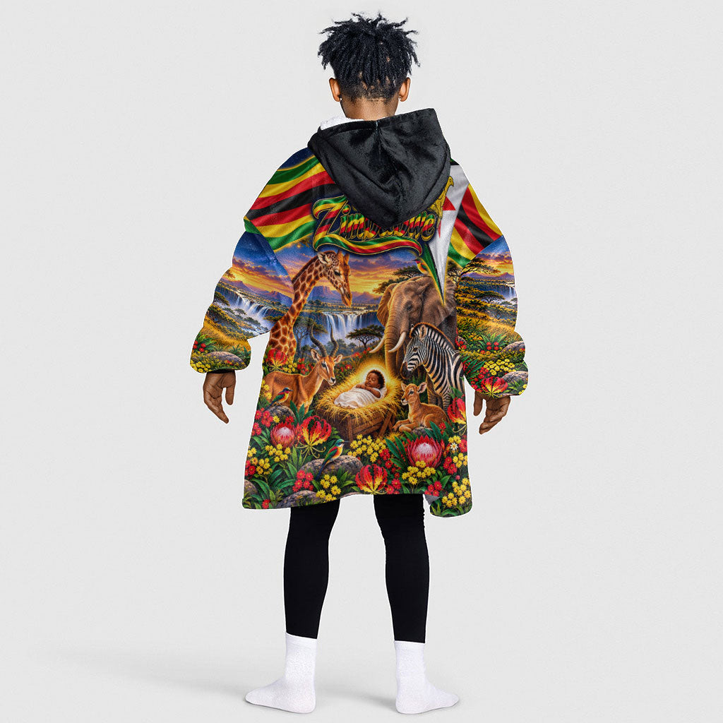 Zimbabwe Christmas Holy Family Kid Wearable Blanket Hoodie African Safari Wildlife Savanna Sunset Baby Jesus