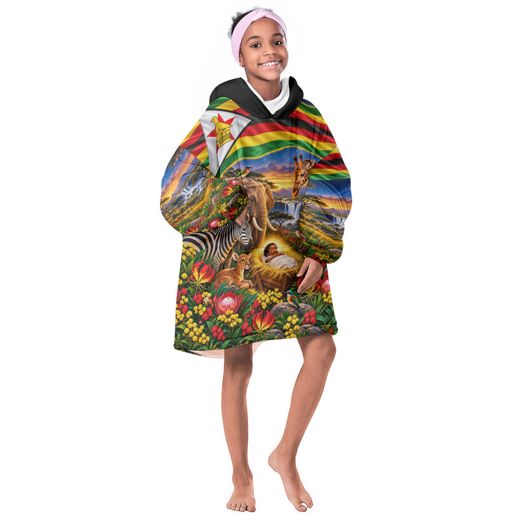 Zimbabwe Christmas Holy Family Kid Wearable Blanket Hoodie African Safari Wildlife Savanna Sunset Baby Jesus