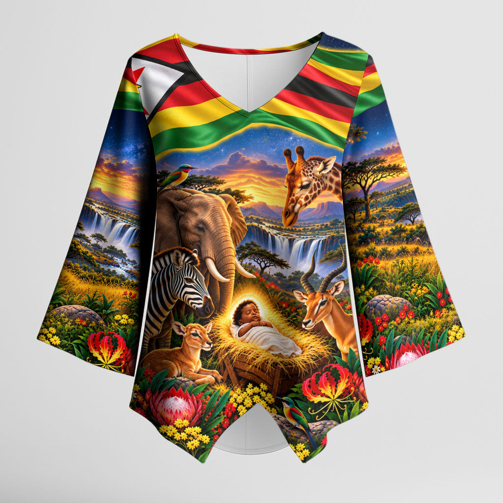 Zimbabwe Christmas Holy Family Kimono Sleeve Blouse African Safari Wildlife Savanna Sunset Baby Jesus