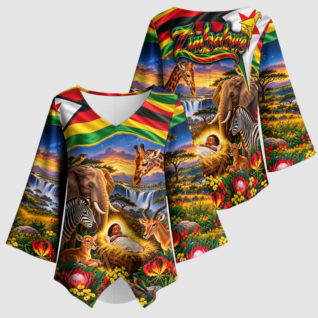 Zimbabwe Christmas Holy Family Kimono Sleeve Blouse African Safari Wildlife Savanna Sunset Baby Jesus