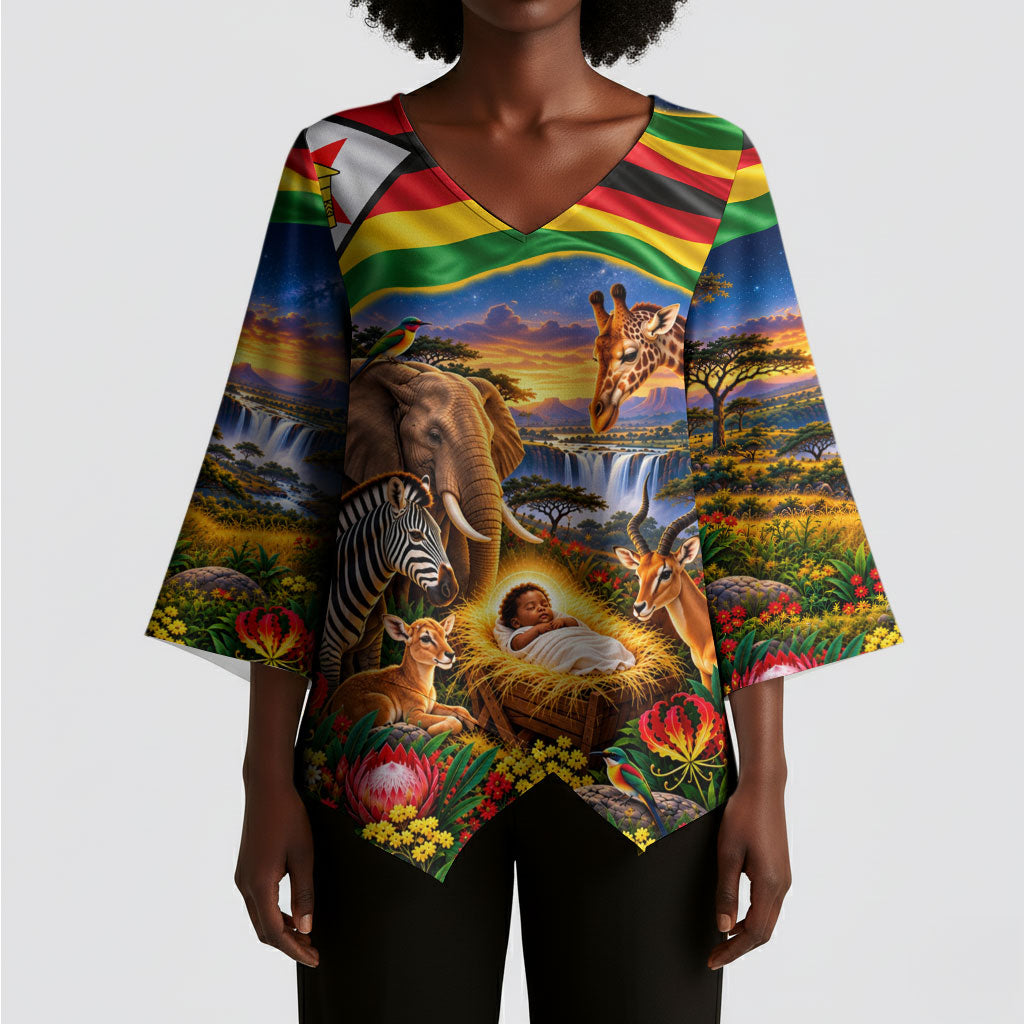 Zimbabwe Christmas Holy Family Kimono Sleeve Blouse African Safari Wildlife Savanna Sunset Baby Jesus