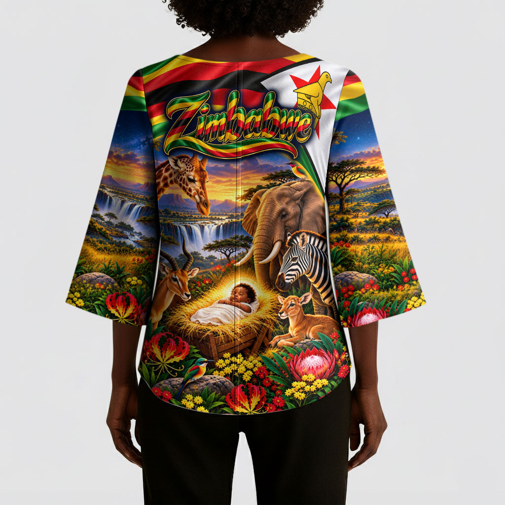 Zimbabwe Christmas Holy Family Kimono Sleeve Blouse African Safari Wildlife Savanna Sunset Baby Jesus