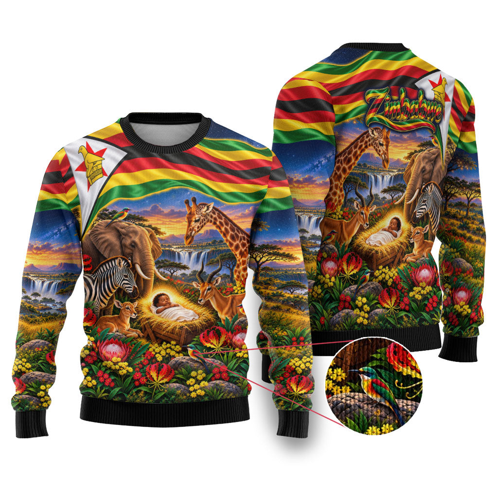 Zimbabwe Christmas Holy Family Ugly Christmas Sweater African Safari Wildlife Savanna Sunset Baby Jesus