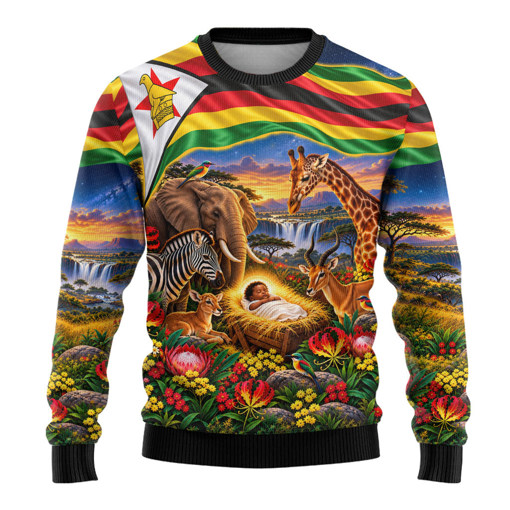 Zimbabwe Christmas Holy Family Ugly Christmas Sweater African Safari Wildlife Savanna Sunset Baby Jesus