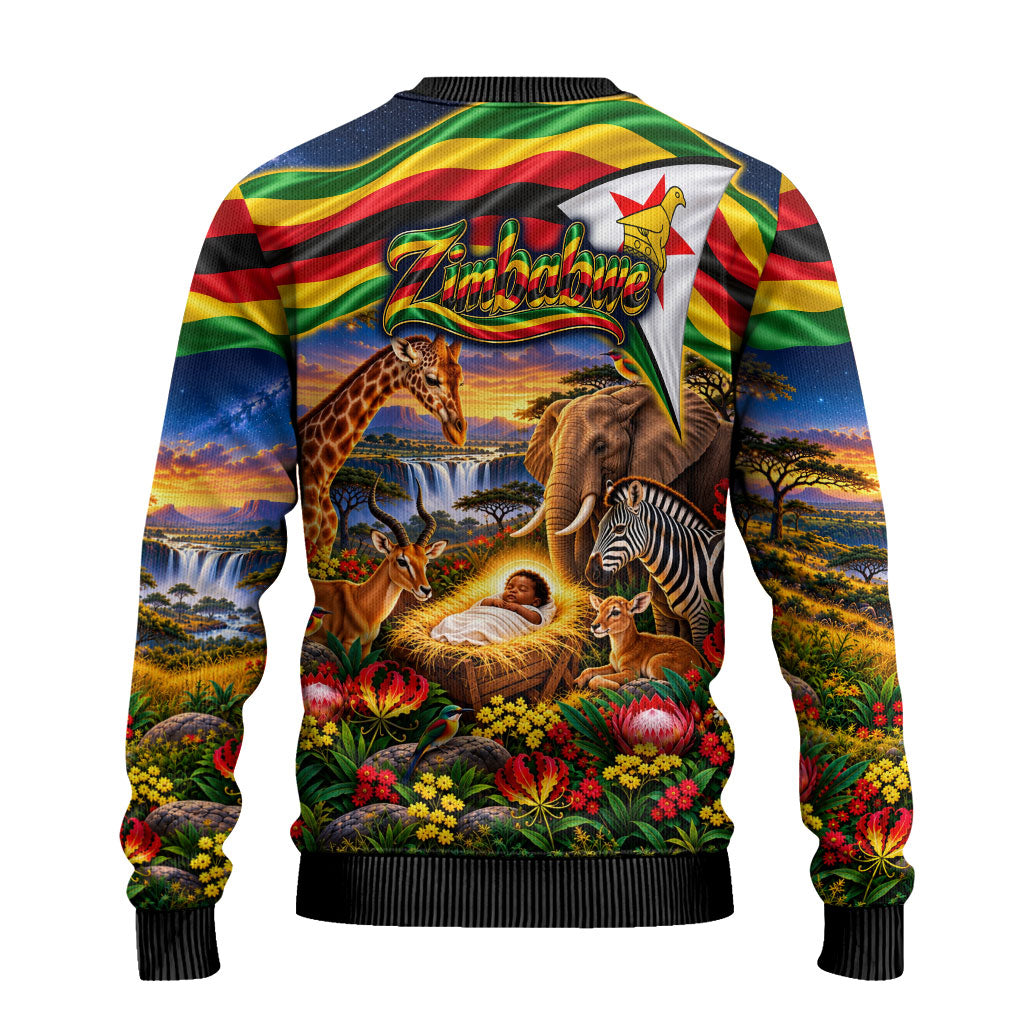 Zimbabwe Christmas Holy Family Ugly Christmas Sweater African Safari Wildlife Savanna Sunset Baby Jesus