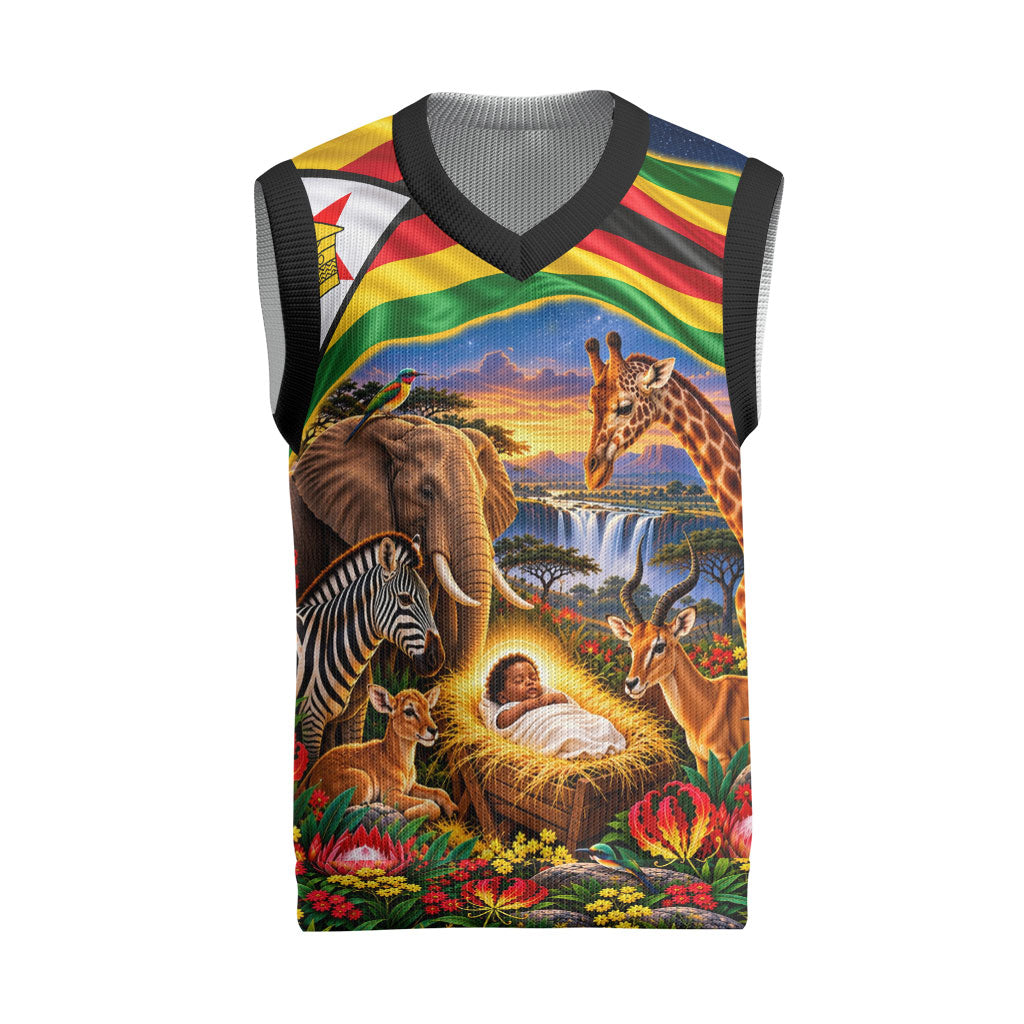 Zimbabwe Christmas Holy Family Christmas Knitted V-Neck Vest African Safari Wildlife Savanna Sunset Baby Jesus