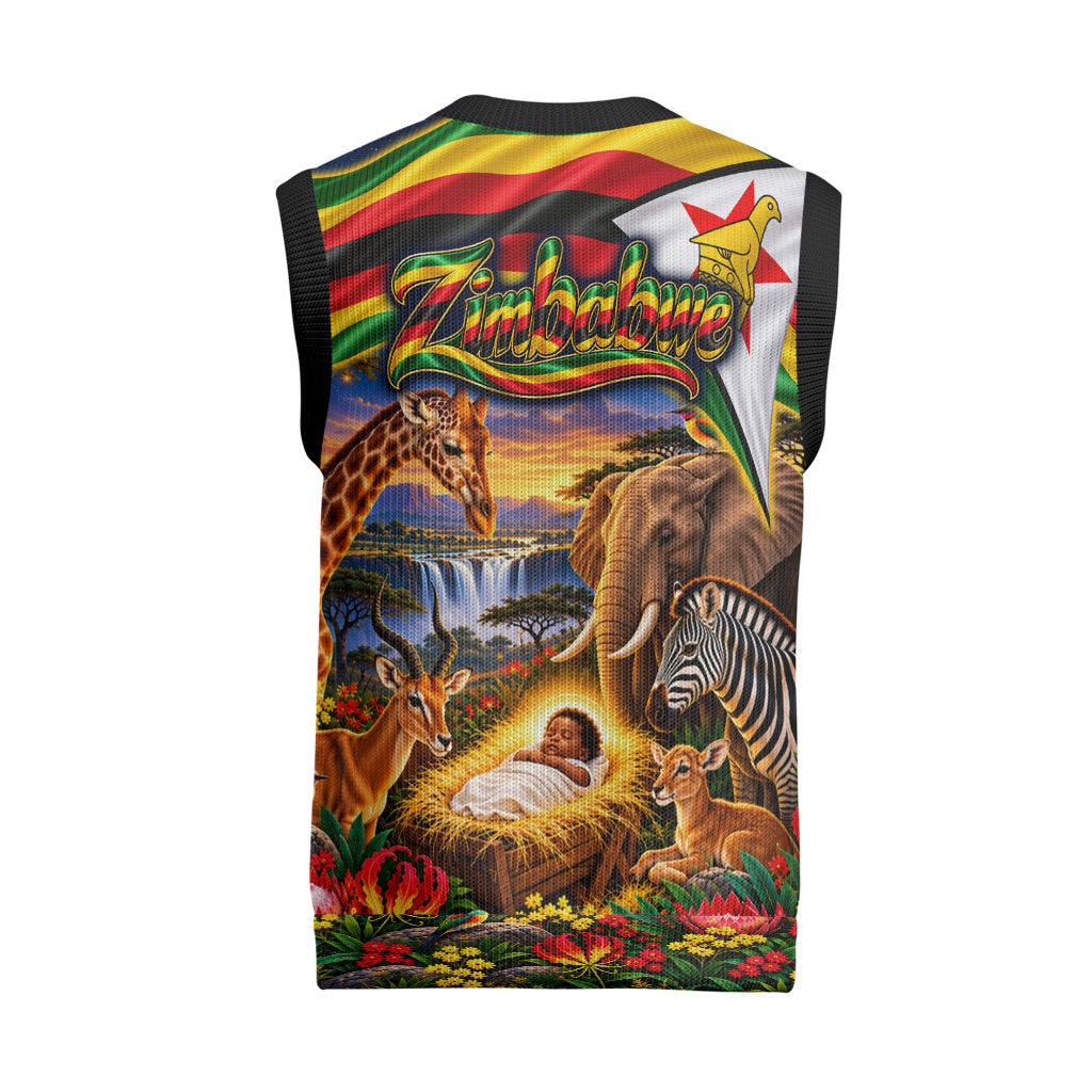 Zimbabwe Christmas Holy Family Christmas Knitted V-Neck Vest African Safari Wildlife Savanna Sunset Baby Jesus