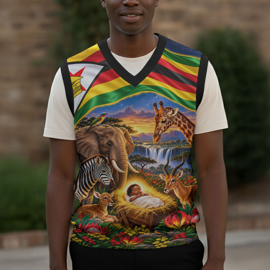 Zimbabwe Christmas Holy Family Christmas Knitted V-Neck Vest African Safari Wildlife Savanna Sunset Baby Jesus