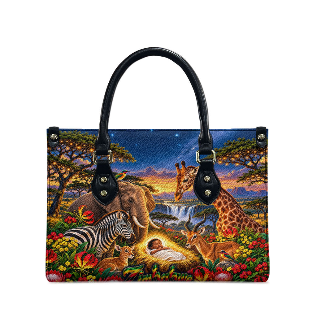 Zimbabwe Christmas Holy Family Leather Bag African Safari Wildlife Savanna Sunset Baby Jesus