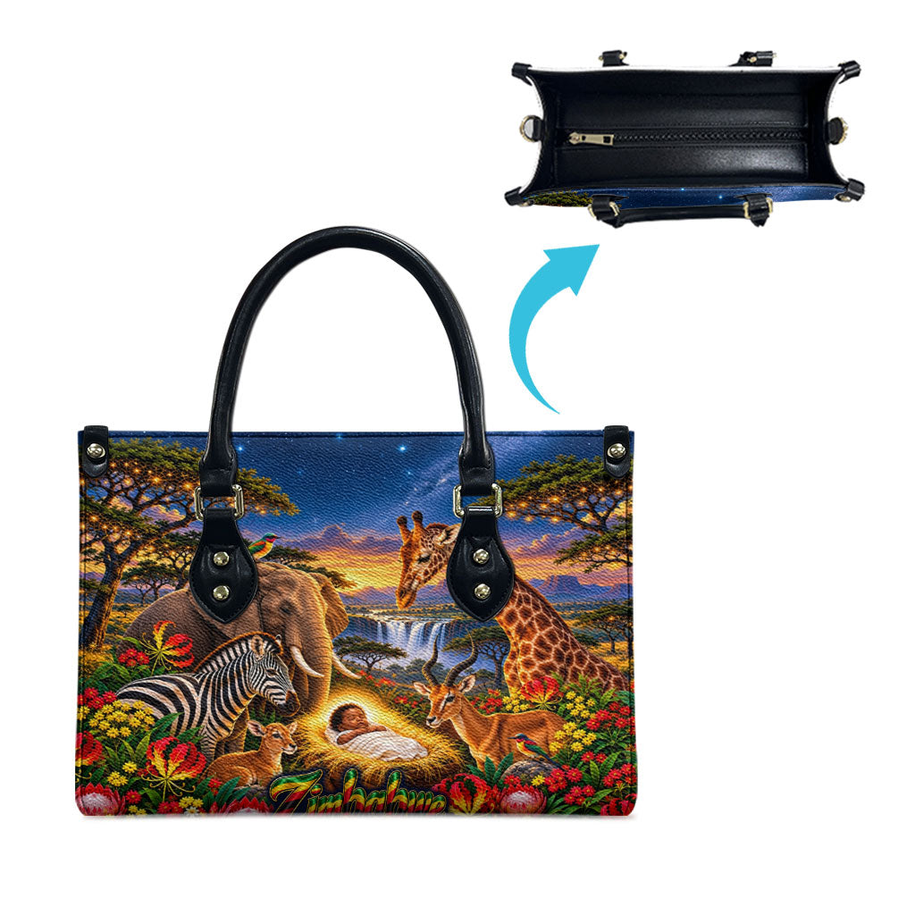 Zimbabwe Christmas Holy Family Leather Bag African Safari Wildlife Savanna Sunset Baby Jesus