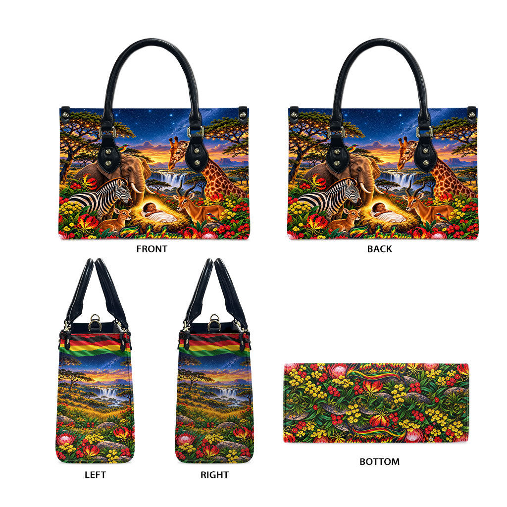 Zimbabwe Christmas Holy Family Leather Bag African Safari Wildlife Savanna Sunset Baby Jesus