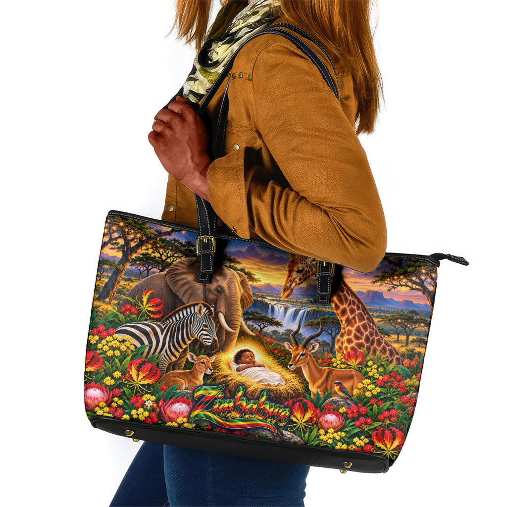 Zimbabwe Christmas Holy Family Leather Tote Bag African Safari Wildlife Savanna Sunset Baby Jesus