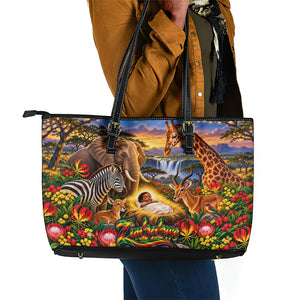 Zimbabwe Christmas Holy Family Leather Tote Bag African Safari Wildlife Savanna Sunset Baby Jesus