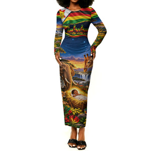 Zimbabwe Christmas Holy Family Long Sleeve Bodycon Dress African Safari Wildlife Savanna Sunset Baby Jesus