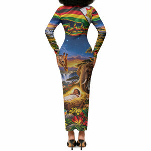 Zimbabwe Christmas Holy Family Long Sleeve Bodycon Dress African Safari Wildlife Savanna Sunset Baby Jesus