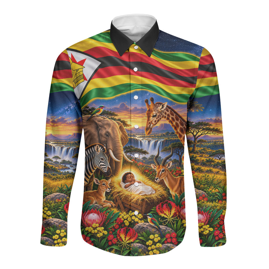 Zimbabwe Christmas Holy Family Long Sleeve Button Shirt African Safari Wildlife Savanna Sunset Baby Jesus