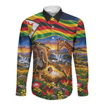 Zimbabwe Christmas Holy Family Long Sleeve Button Shirt African Safari Wildlife Savanna Sunset Baby Jesus