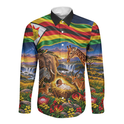 Zimbabwe Christmas Holy Family Long Sleeve Button Shirt African Safari Wildlife Savanna Sunset Baby Jesus