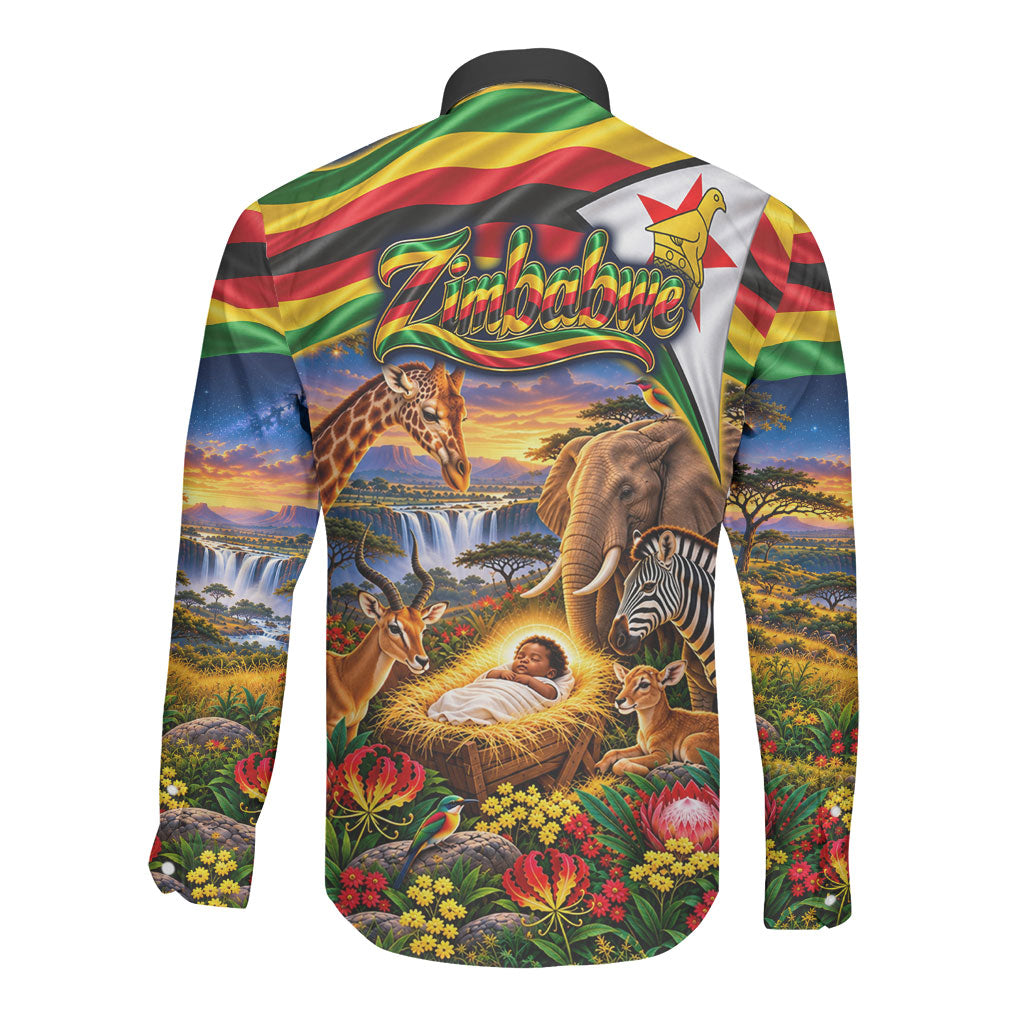 Zimbabwe Christmas Holy Family Long Sleeve Button Shirt African Safari Wildlife Savanna Sunset Baby Jesus