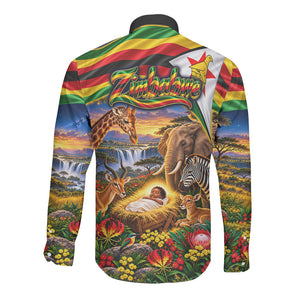 Zimbabwe Christmas Holy Family Long Sleeve Button Shirt African Safari Wildlife Savanna Sunset Baby Jesus