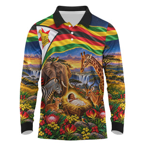 Zimbabwe Christmas Holy Family Long Sleeve Polo Shirt African Safari Wildlife Savanna Sunset Baby Jesus