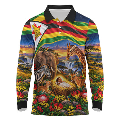 Zimbabwe Christmas Holy Family Long Sleeve Polo Shirt African Safari Wildlife Savanna Sunset Baby Jesus