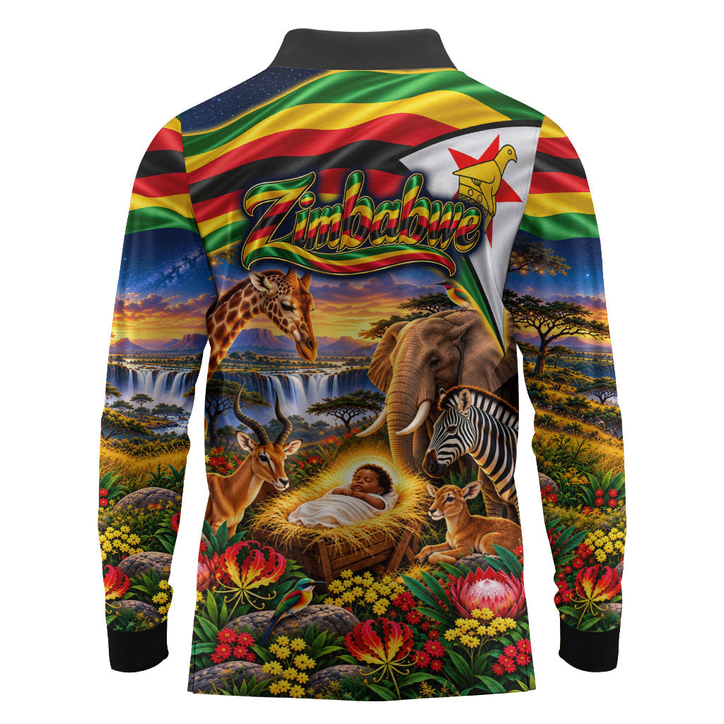 Zimbabwe Christmas Holy Family Long Sleeve Polo Shirt African Safari Wildlife Savanna Sunset Baby Jesus