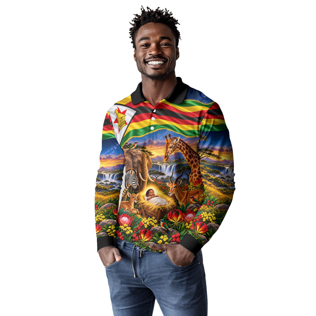 Zimbabwe Christmas Holy Family Long Sleeve Polo Shirt African Safari Wildlife Savanna Sunset Baby Jesus