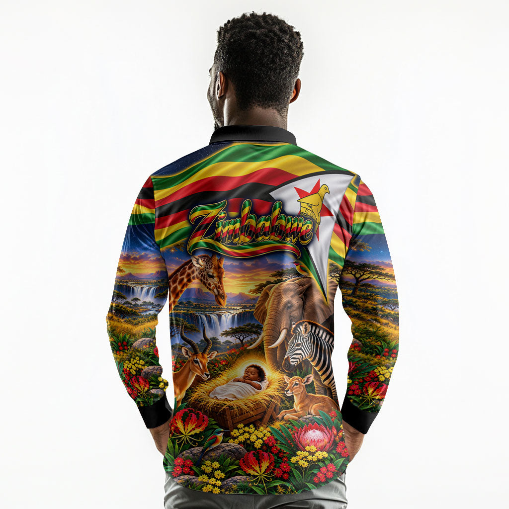 Zimbabwe Christmas Holy Family Long Sleeve Polo Shirt African Safari Wildlife Savanna Sunset Baby Jesus