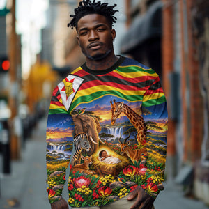 Zimbabwe Christmas Holy Family Long Sleeve Shirt African Safari Wildlife Savanna Sunset Baby Jesus