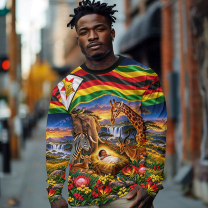 Zimbabwe Christmas Holy Family Long Sleeve Shirt African Safari Wildlife Savanna Sunset Baby Jesus
