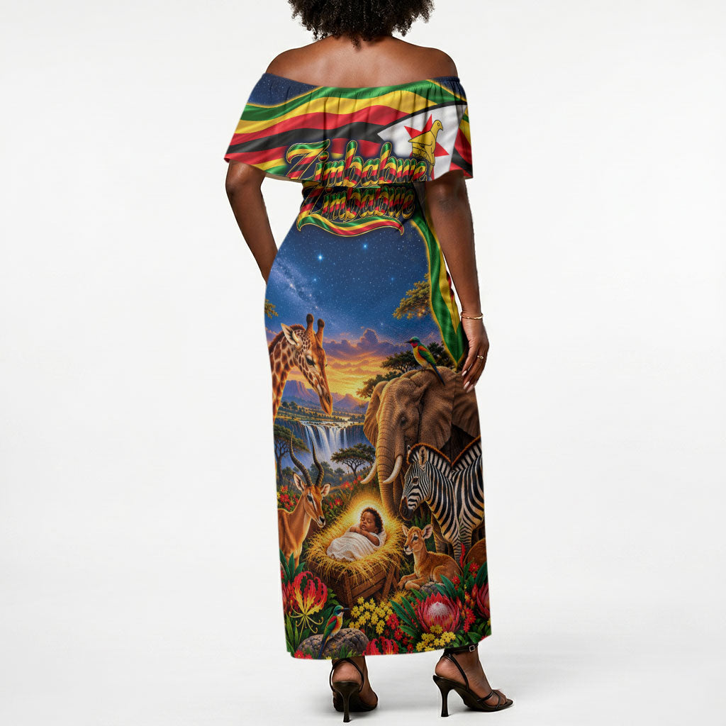 Zimbabwe Christmas Holy Family Off Shoulder Maxi Dress African Safari Wildlife Savanna Sunset Baby Jesus