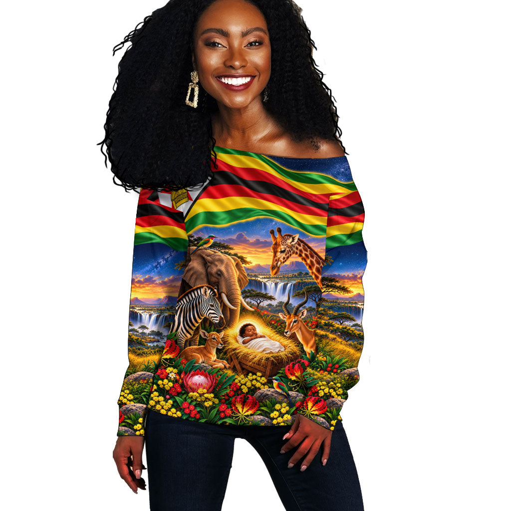 Zimbabwe Christmas Holy Family Off Shoulder Sweater African Safari Wildlife Savanna Sunset Baby Jesus