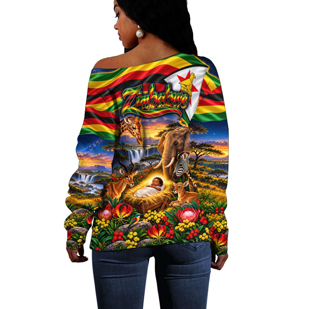 Zimbabwe Christmas Holy Family Off Shoulder Sweater African Safari Wildlife Savanna Sunset Baby Jesus