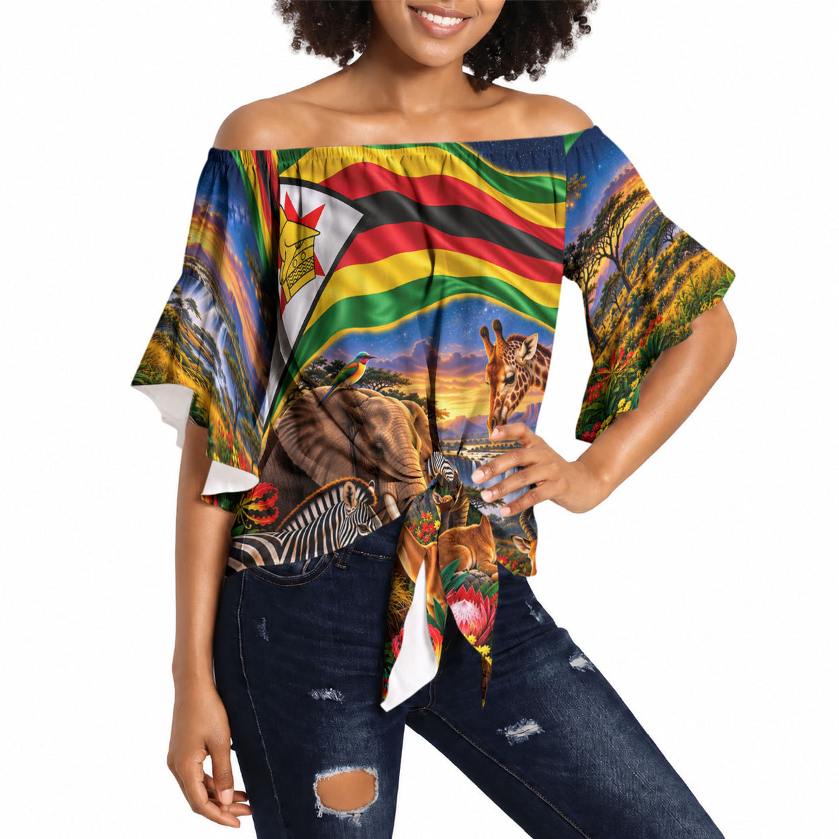 Zimbabwe Christmas Holy Family Off Shoulder Wrap Waist Top African Safari Wildlife Savanna Sunset Baby Jesus