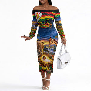 Zimbabwe Christmas Holy Family Off The Shoulder Long Sleeve Dress African Safari Wildlife Savanna Sunset Baby Jesus