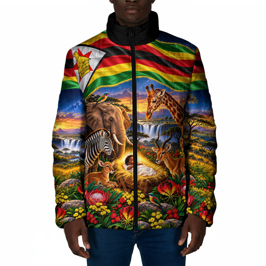 Zimbabwe Christmas Holy Family Padded Jacket African Safari Wildlife Savanna Sunset Baby Jesus