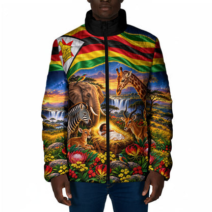 Zimbabwe Christmas Holy Family Padded Jacket African Safari Wildlife Savanna Sunset Baby Jesus