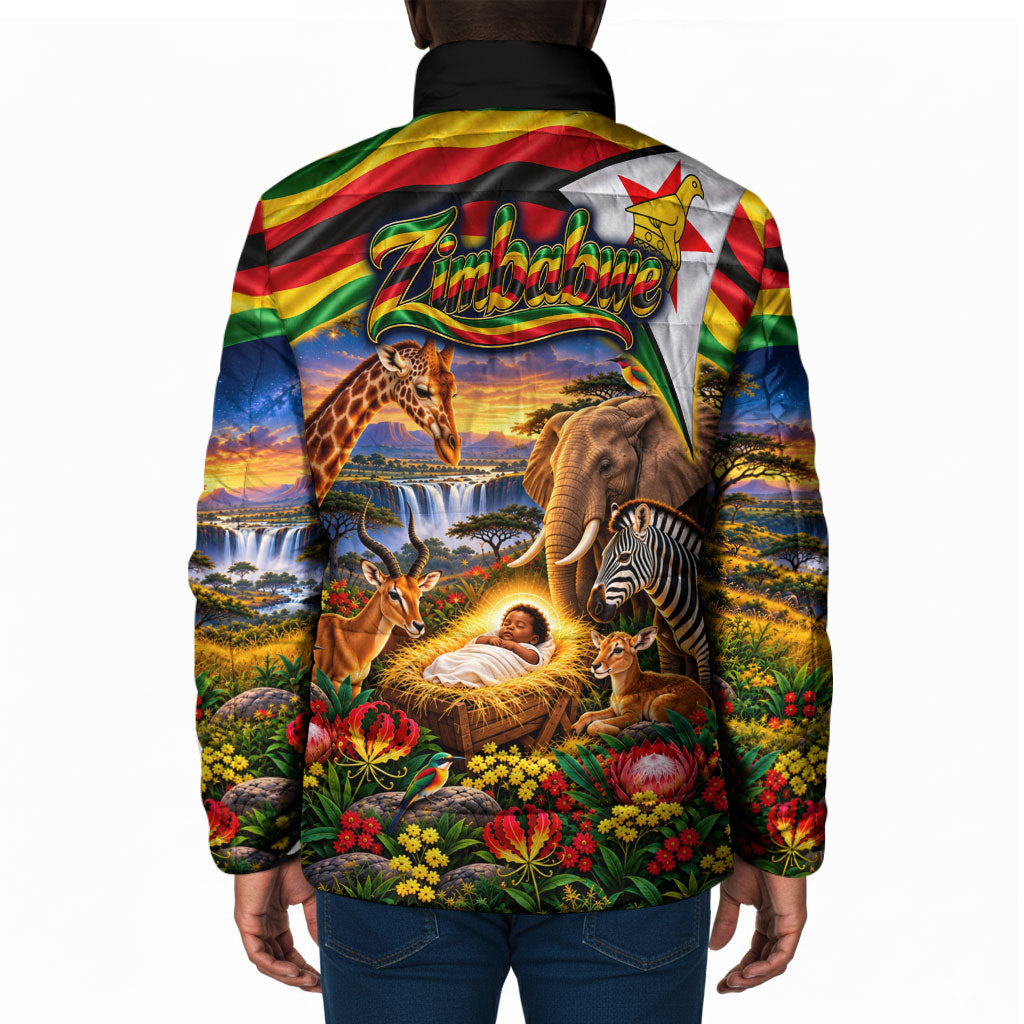 Zimbabwe Christmas Holy Family Padded Jacket African Safari Wildlife Savanna Sunset Baby Jesus