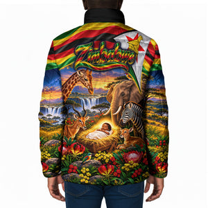 Zimbabwe Christmas Holy Family Padded Jacket African Safari Wildlife Savanna Sunset Baby Jesus