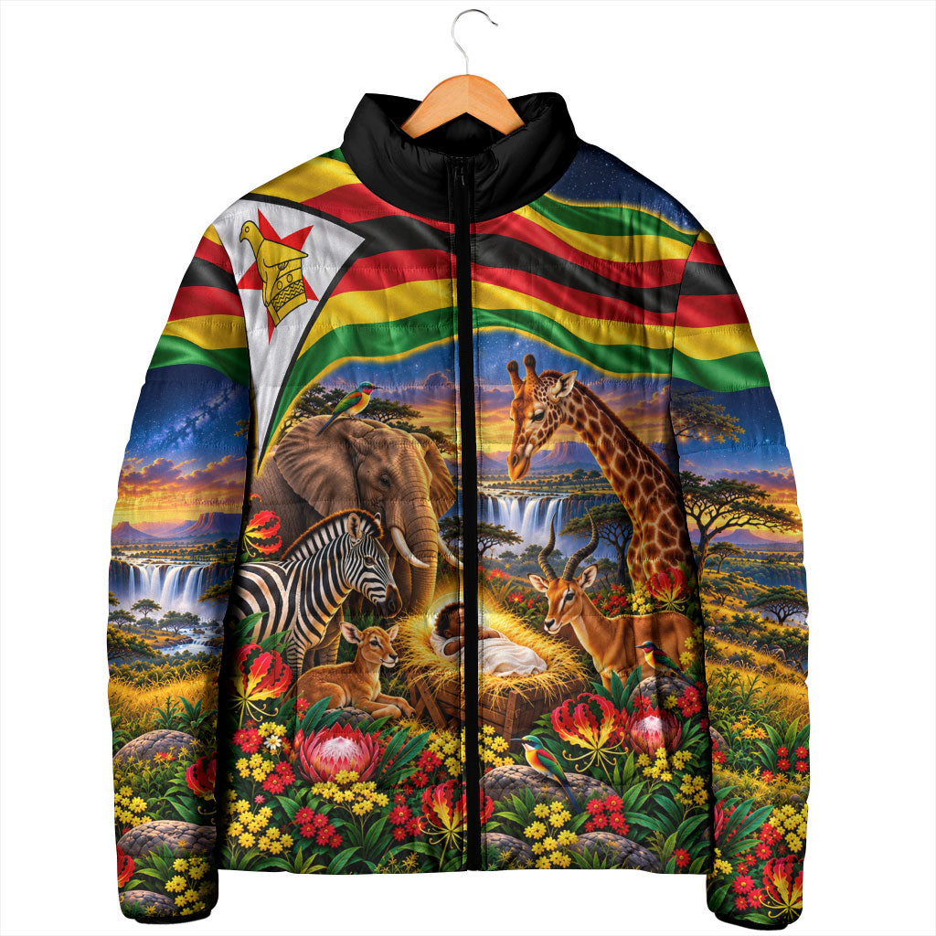Zimbabwe Christmas Holy Family Padded Jacket African Safari Wildlife Savanna Sunset Baby Jesus