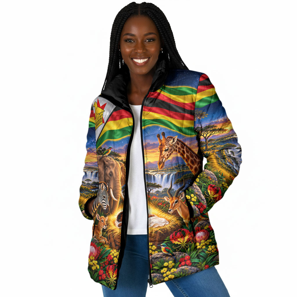 Zimbabwe Christmas Holy Family Padded Jacket African Safari Wildlife Savanna Sunset Baby Jesus