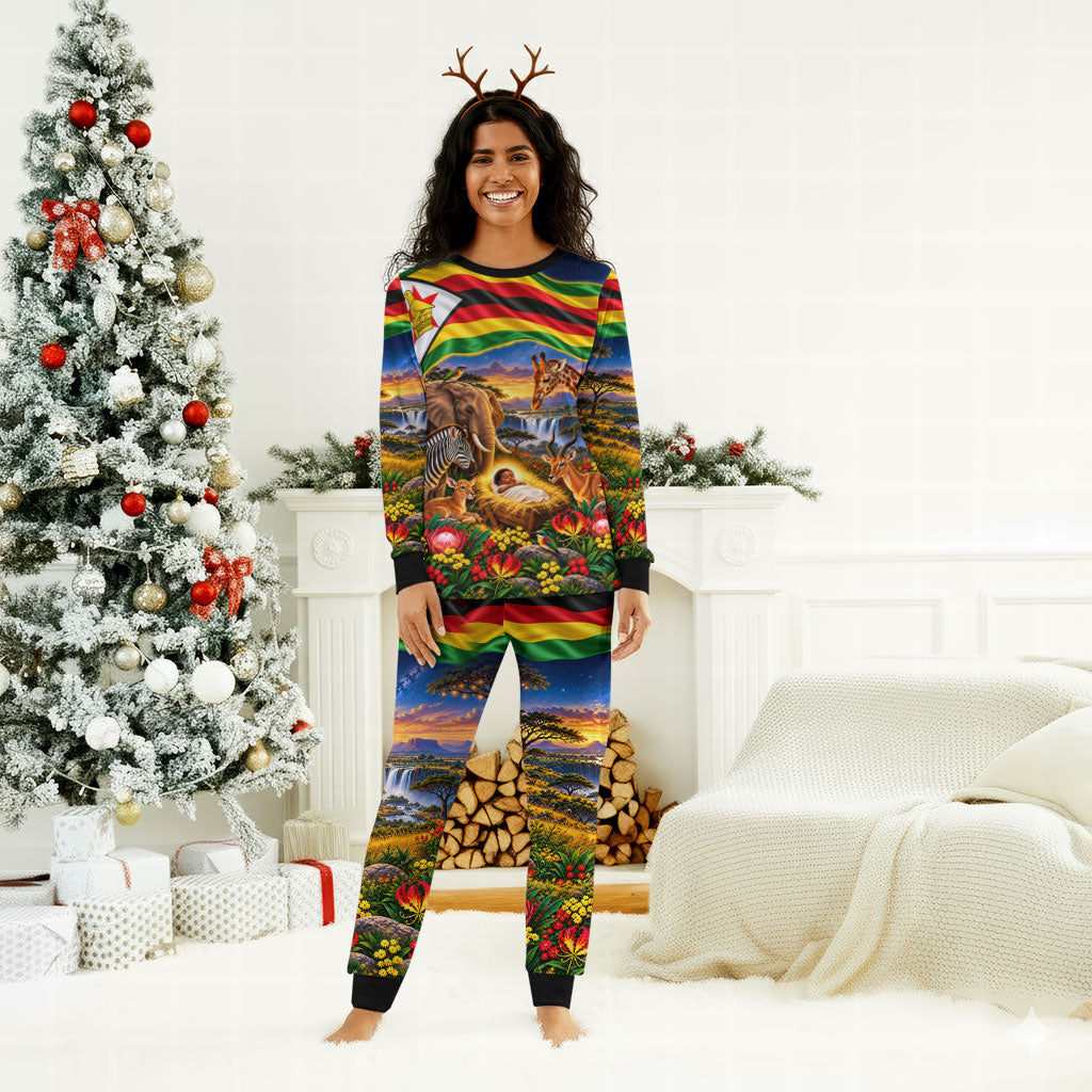 Zimbabwe Christmas Holy Family Christmas Pajama Set African Safari Wildlife Savanna Sunset Baby Jesus