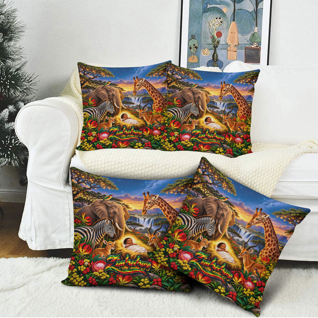 Zimbabwe Christmas Holy Family Pillow Cover African Safari Wildlife Savanna Sunset Baby Jesus