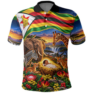 Zimbabwe Christmas Holy Family Polo Shirt African Safari Wildlife Savanna Sunset Baby Jesus