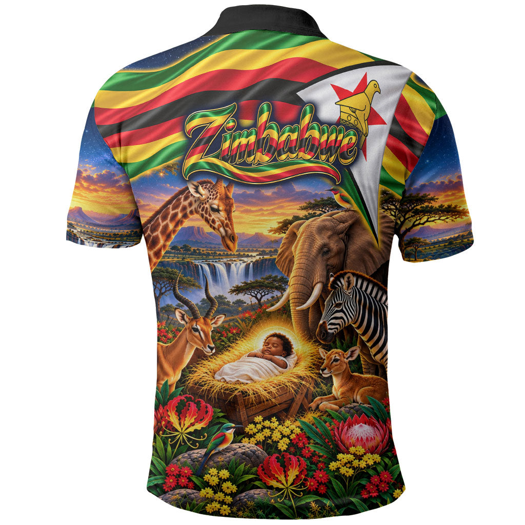 Zimbabwe Christmas Holy Family Polo Shirt African Safari Wildlife Savanna Sunset Baby Jesus