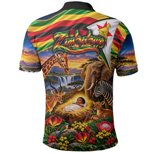 Zimbabwe Christmas Holy Family Polo Shirt African Safari Wildlife Savanna Sunset Baby Jesus