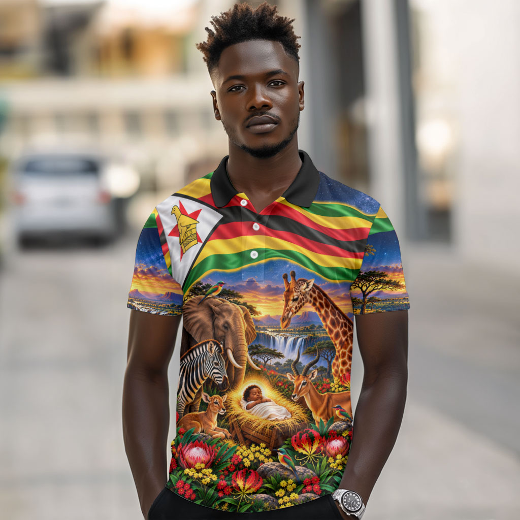 Zimbabwe Christmas Holy Family Polo Shirt African Safari Wildlife Savanna Sunset Baby Jesus