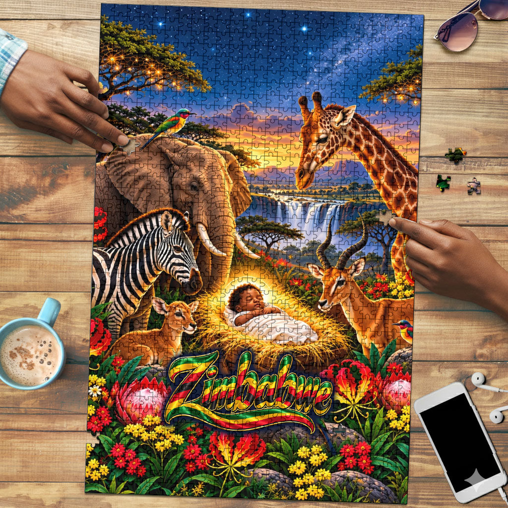 Zimbabwe Christmas Holy Family Puzzle African Safari Wildlife Savanna Sunset Baby Jesus